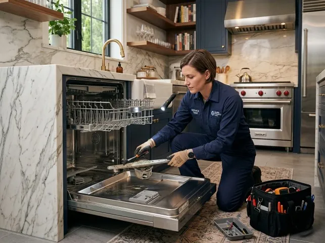 Appliance Repair Hero technician servicing a built-in dishwasher in a Benicia, CA kitchen