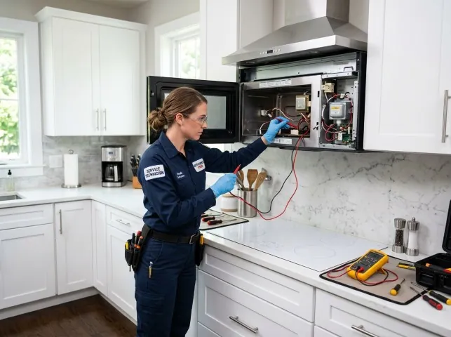 Appliance Repair Hero technician testing an over-the-range microwave in a Benicia, CA kitchen